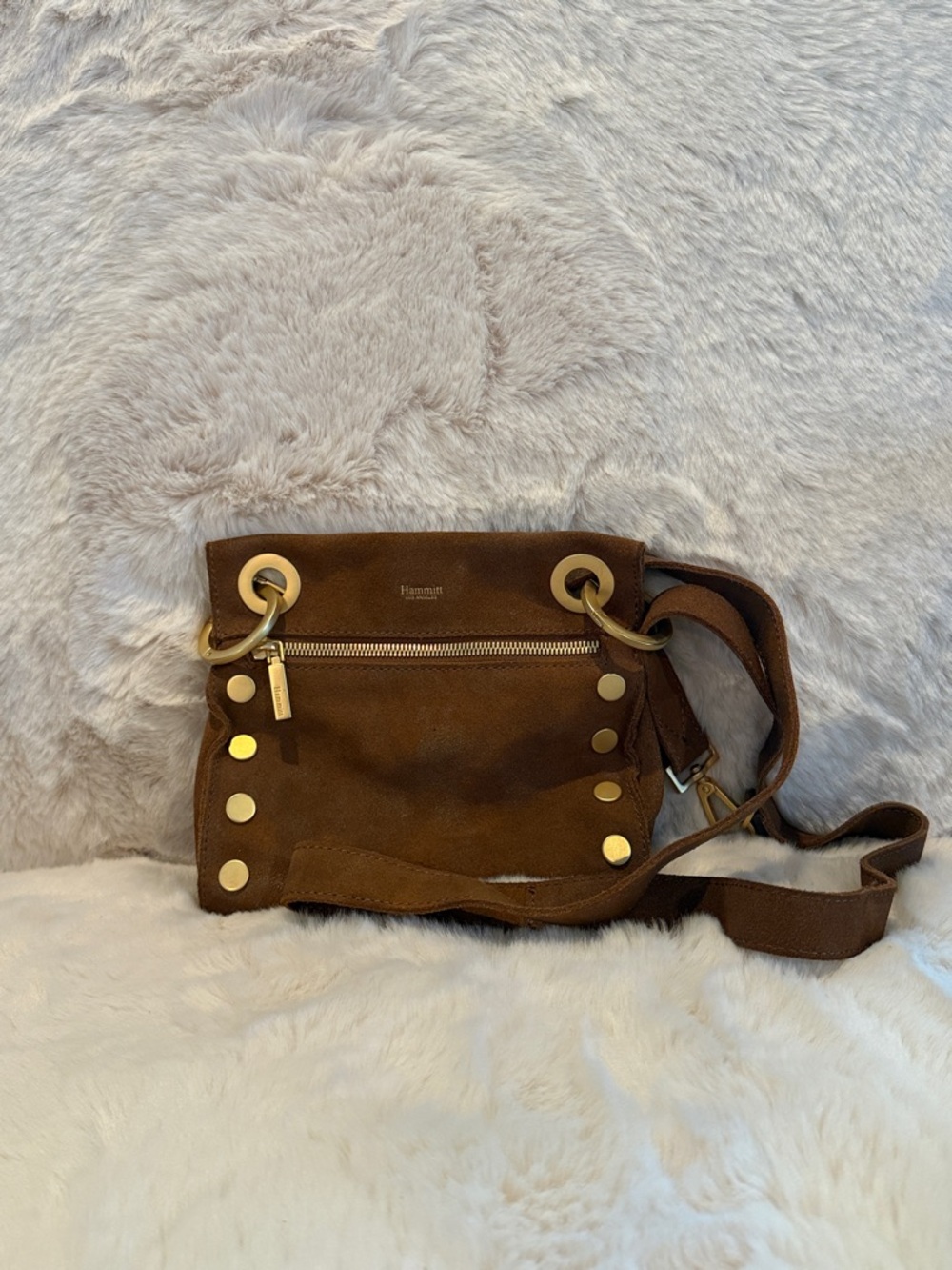 Hammitt Brown Suede Crossbody with Gold Studs and Grommets